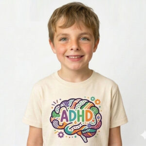 Child wearing ADHD brain graphic kids t shirt designed for the NozBoz kids clothing concept.