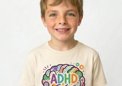 Child wearing ADHD brain graphic kids t shirt designed for the NozBoz kids clothing concept.
