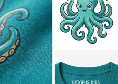 Octopus graphic kids t shirt design detail on teal fabric for NozBoz kids clothing.
